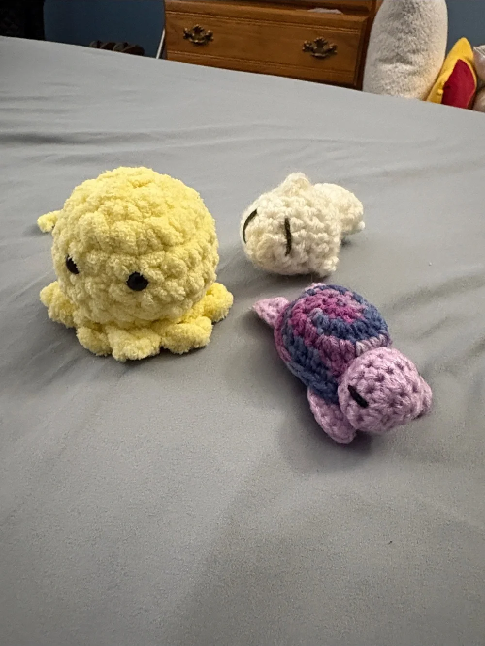 Handmade Crochet Plush Trio - Yellow Octopus, Purple Turtle, Cream fish